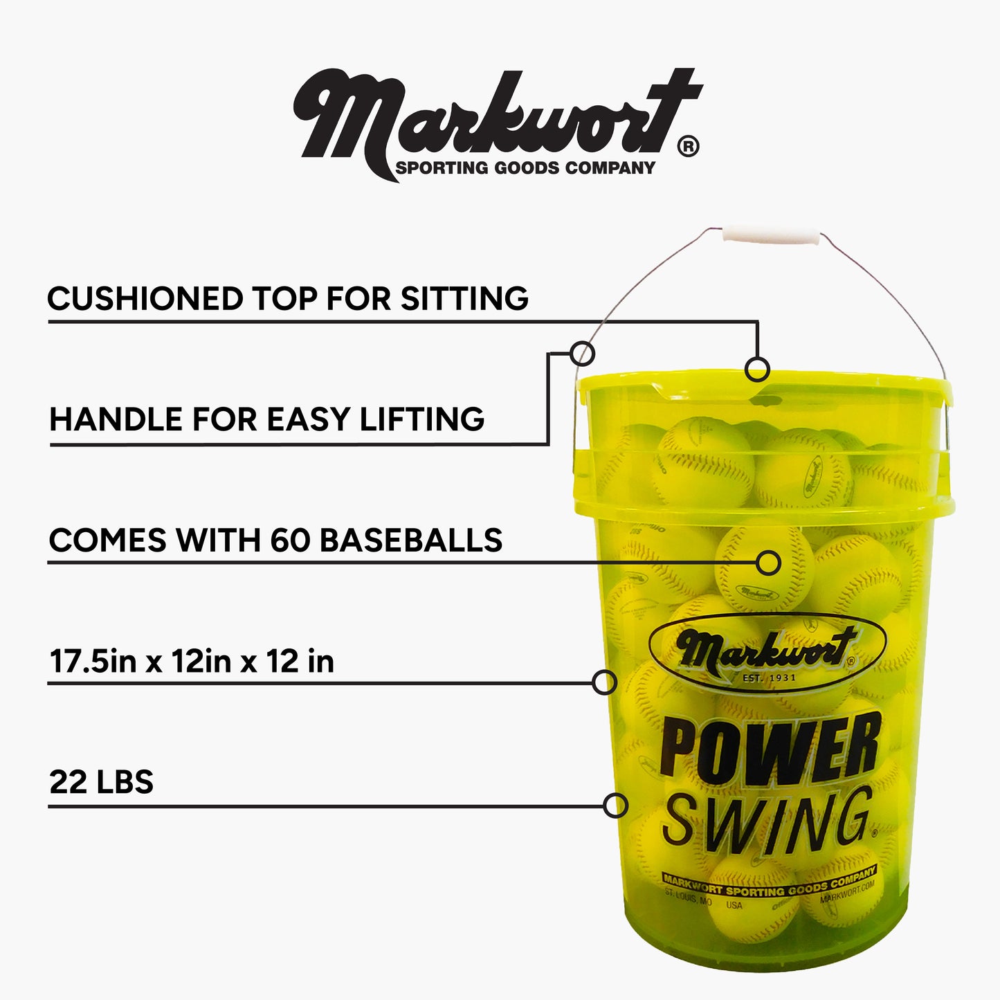 Markwort PowerSwing Baseball Bucket with 60 Practice Baseballs