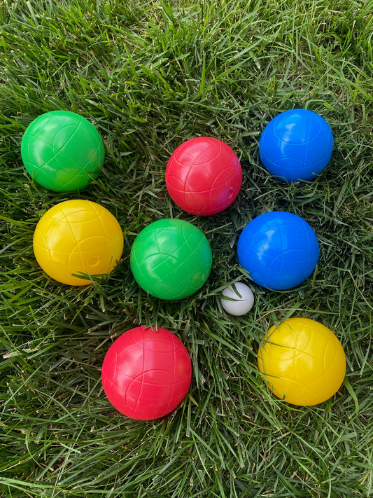 Markwort Lawn Bocce Ball Set – 9-Piece Set with 2 Balls Each in Blue, Green, Red & Yellow + White Jack Ball