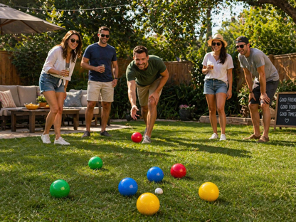 Markwort Lawn Bocce Ball Set – 9-Piece Set with 2 Balls Each in Blue, Green, Red & Yellow + White Jack Ball